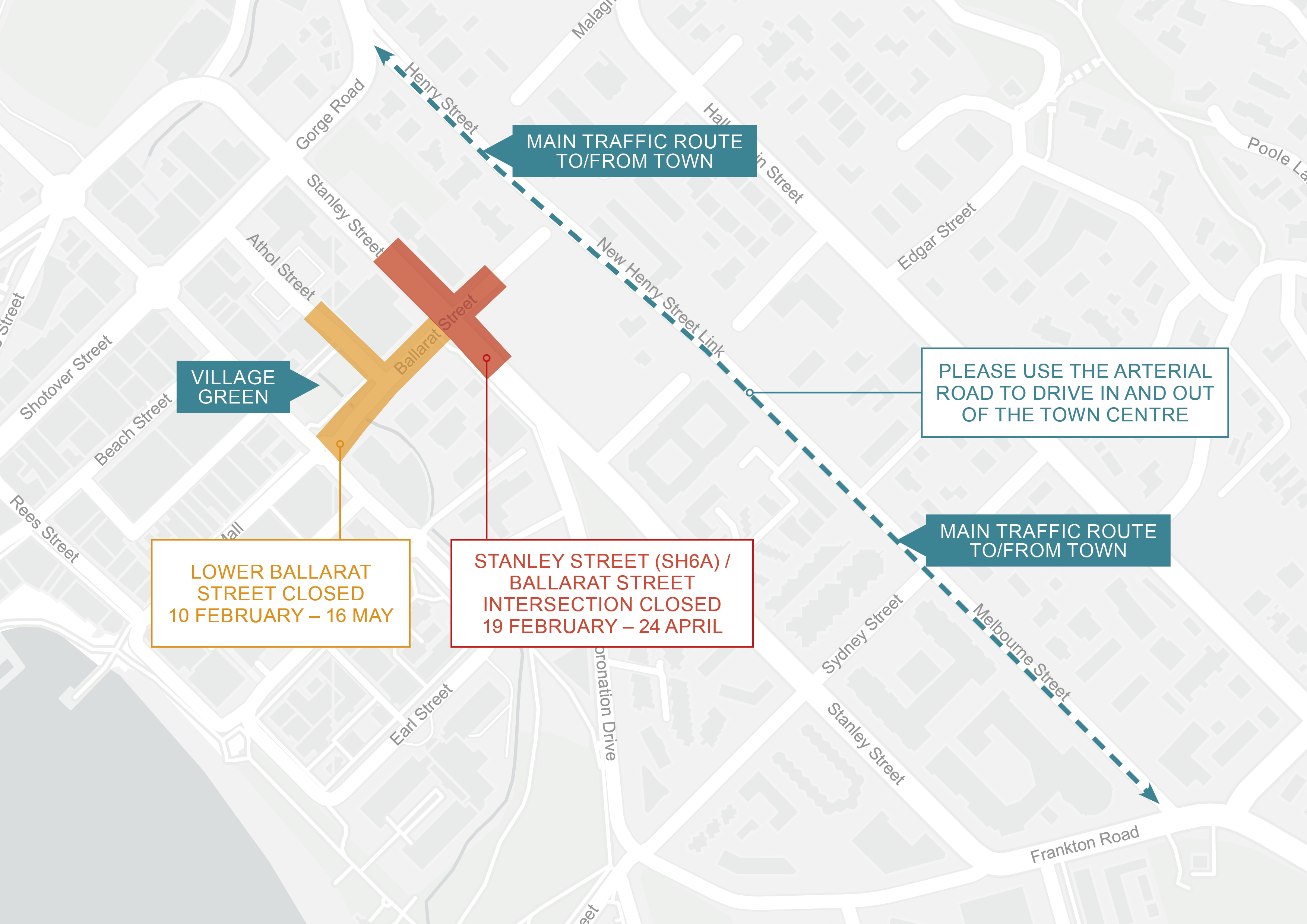 Map showing general access into Queenstown Town Centre while stormwater upgrades are underway